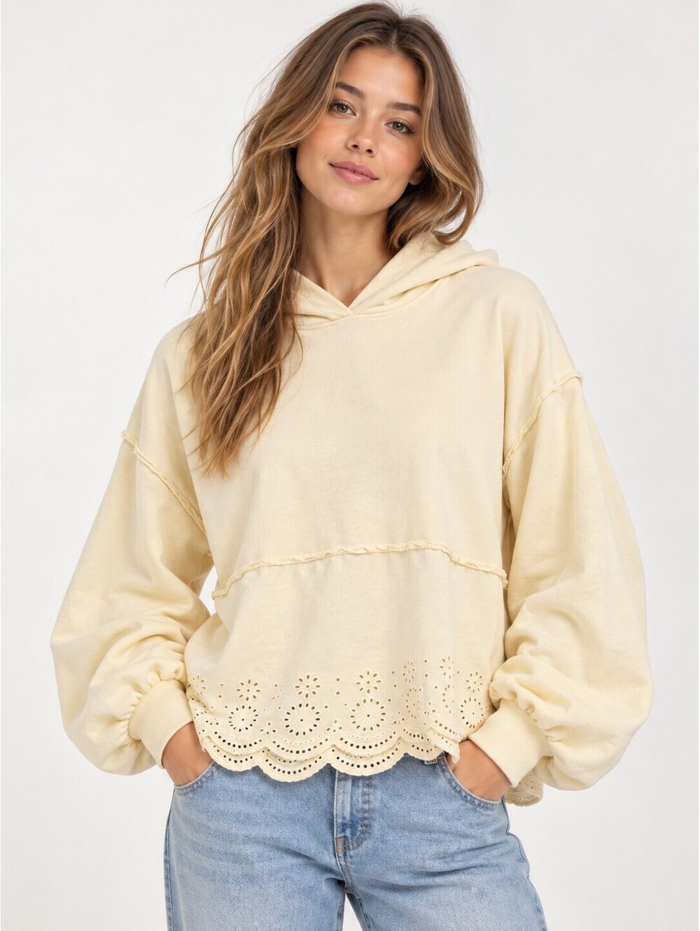 ASOS Design Cream Eyelet Broderie Scallop Hem Hoodie Size S